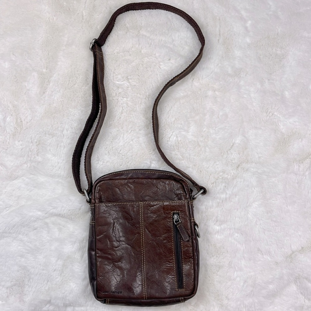 Jack Georges Brown Leather Handbag Slim Voyager Crossbody Bag Zippered Pocket